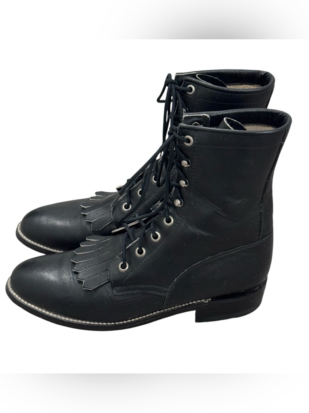 Tony Lama Black Leather Kiltie Lace Up Boots Size 7 Vintage 7601